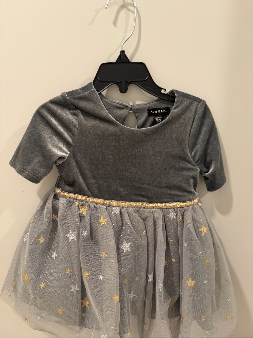NWT 24 Months Girls Zunie Gray Velvet Dress with Gold & Silver Star Tulle